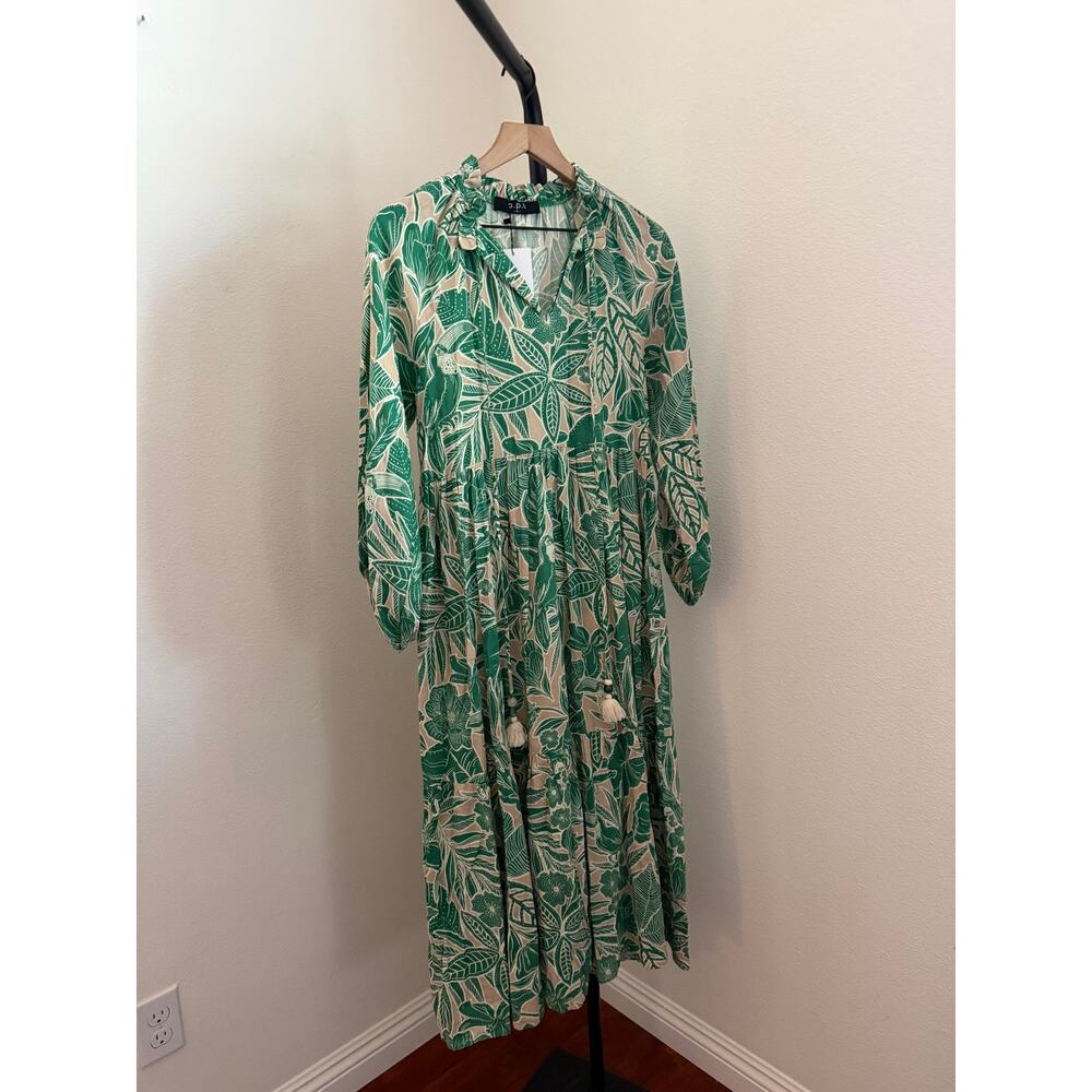 $160 New O.P.T green & tan linen blend dress floral sz Small midi long sleeve - Picture 2 of 5